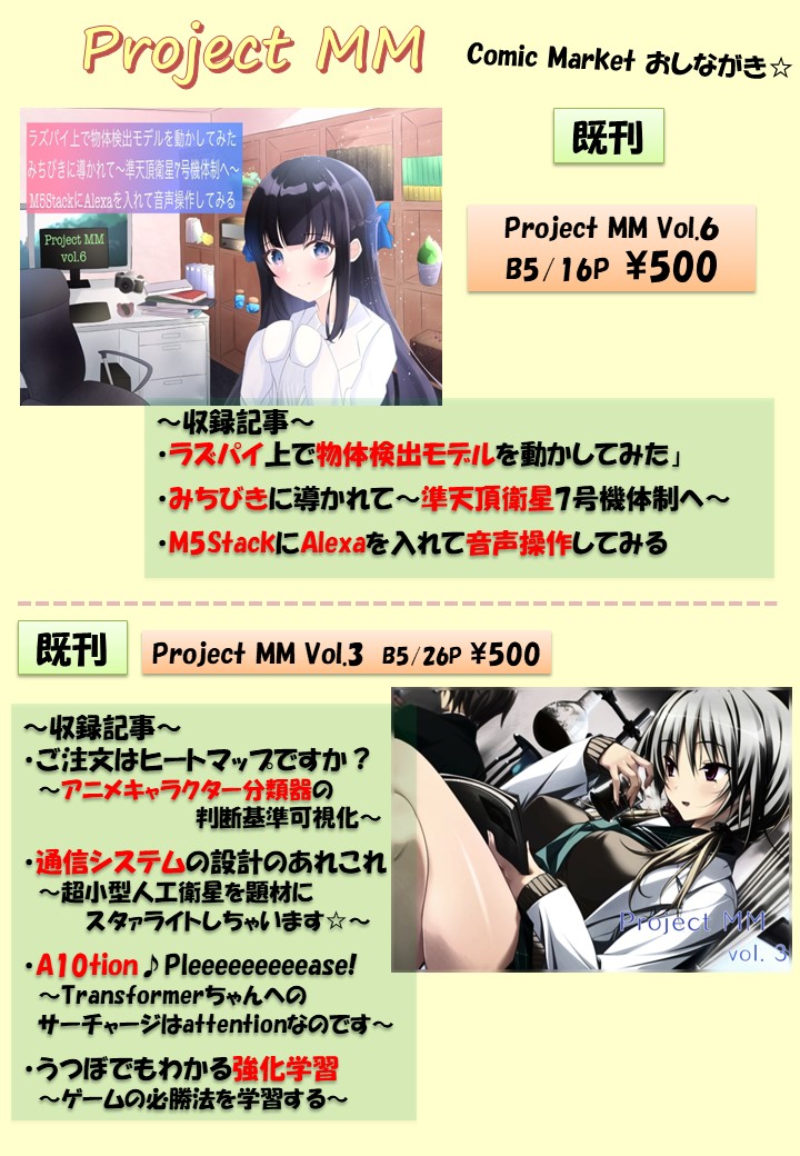 project_mm's tweet photo. おはようございます☀️
ついに弊サークル参加当日になりました🙆♂️
#C101 告知になります‼️
今回も情報工学メインの記事を揃えた新刊「Project MM Vol.8」を頒布します✨
場所は東フ-51aです∩(^ω^)∩
既刊も一部ですが、頒布しますのでお越し下さい~🚀
#C101新刊 #C101お品書き #projectmm https://t.co/E4qhEqpjeE