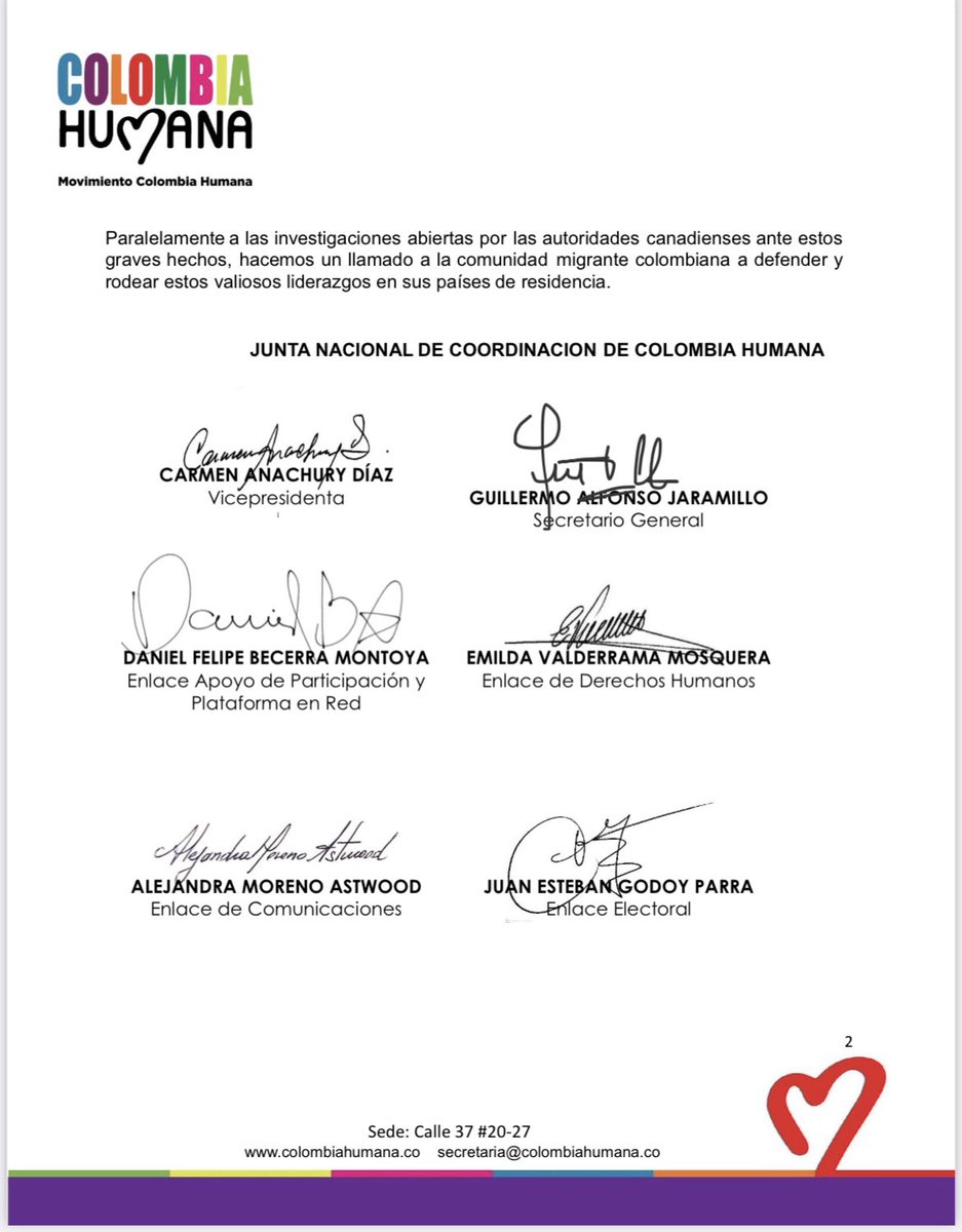 CanadaHumana's tweet photo. Comunicado a la opinión pública a propósito de la campaña de desprestigio e injuria de la que viene siendo victima nuestra compañera y líder @LigiaBnino 
@ColombiaHumana_ https://t.co/SYBjaRJlVK