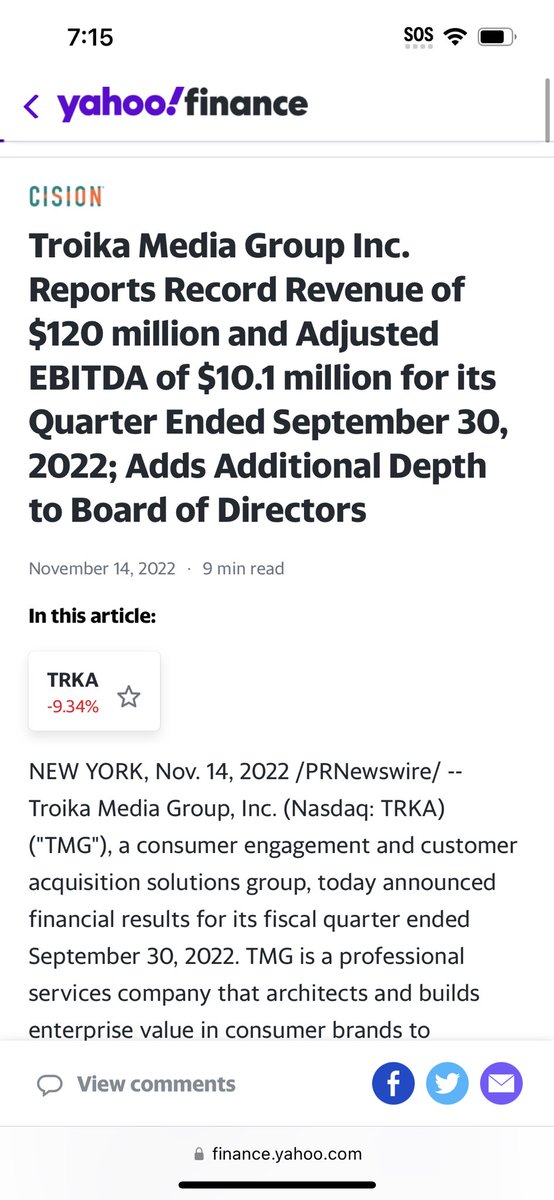 $TRKA .116 

Weekly chart coming off bottom 

Limited waiver extension with Blue Torch Financing to Jan. 13th

“ The company is currently in good faith negotiations with Blue Torch…”

Record $120 mil revs last quarter