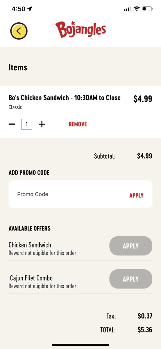 ezpzcop's tweet photo. @Bojangles My app has given me the free sandwich reward for signing up, but it doesn’t allow me to use it. In my cart, the button is grey, and when I try to use the promo code it just gives me an error. https://t.co/1rHusxwT0x