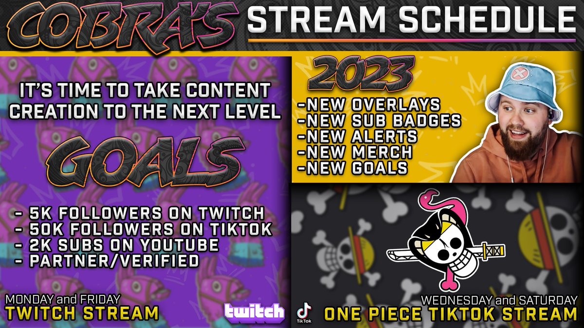 concept_cobra's tweet photo. Taking on 2023 with an upgrade!

Going to try to stick to this schedule as good as I can lol. Monday and Friday we will be on Twitch, Wednesday and Saturday I’ll be on TikTok!

Might finish 2022 with a final stream tonight! Pico Park tonight??? https://t.co/tBNIi2ArwF