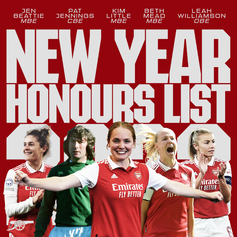 ArsenalWFC's tweet photo. Jen Beattie MBE
Kim Little MBE
Beth Mead MBE
Leah Williamson OBE

Proud ❤️