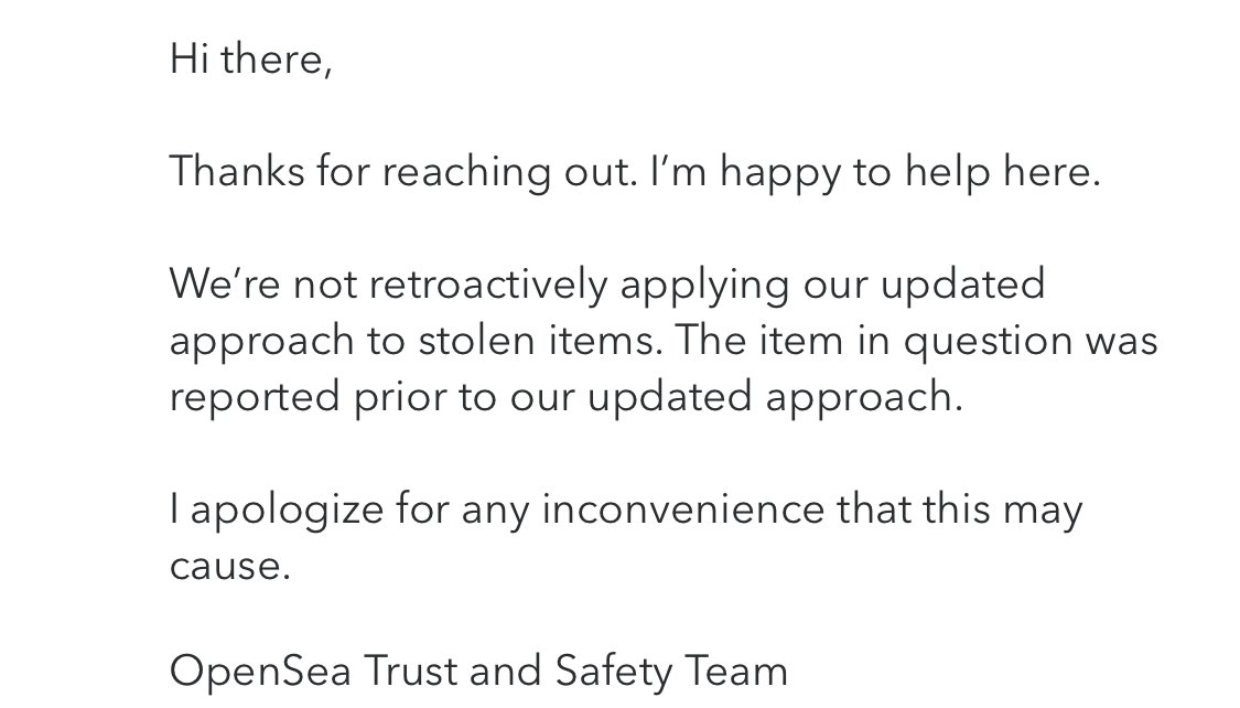 Bought a NFT over 1 year ago. Sent in so many requests to get this unblocked

‘If no police report is submitted within 7 days then it will get unblocked’ this has always been the message from <a href="/opensea/">OpenSea</a> but now they are telling me this?!

<a href="/opensea/">OpenSea</a> please can you help me here