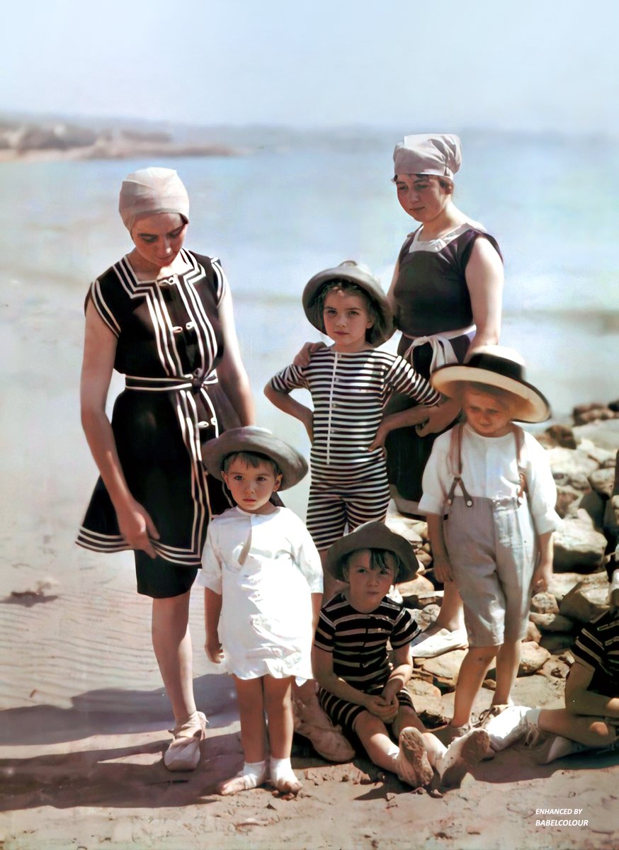 Swimmers at La Ciotat on the Mediterranean coast in southern France, 110 years ago. I've cleaned &amp; enhanced this old autochrome taken by the Lumiere brothers (who invented the autochrome process). It depicts their young cousins in 1913. It is original colour (not colourised).
