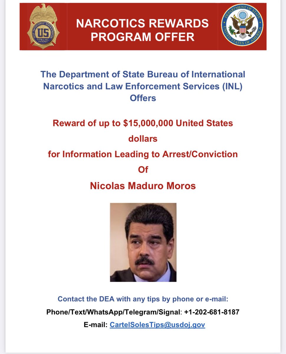 Publicação do Departamento de Estado Norte Americano: PROCURADO! RECOMPENSA 15 milhões de dólares ! BASTA APENAS INFORMAÇÃO !!!! <a href="/StateDept/">Department of State</a> MADURO IS PLANNING TO GO TO BRAZIL FOR LULA’S inauguration on January 1st !