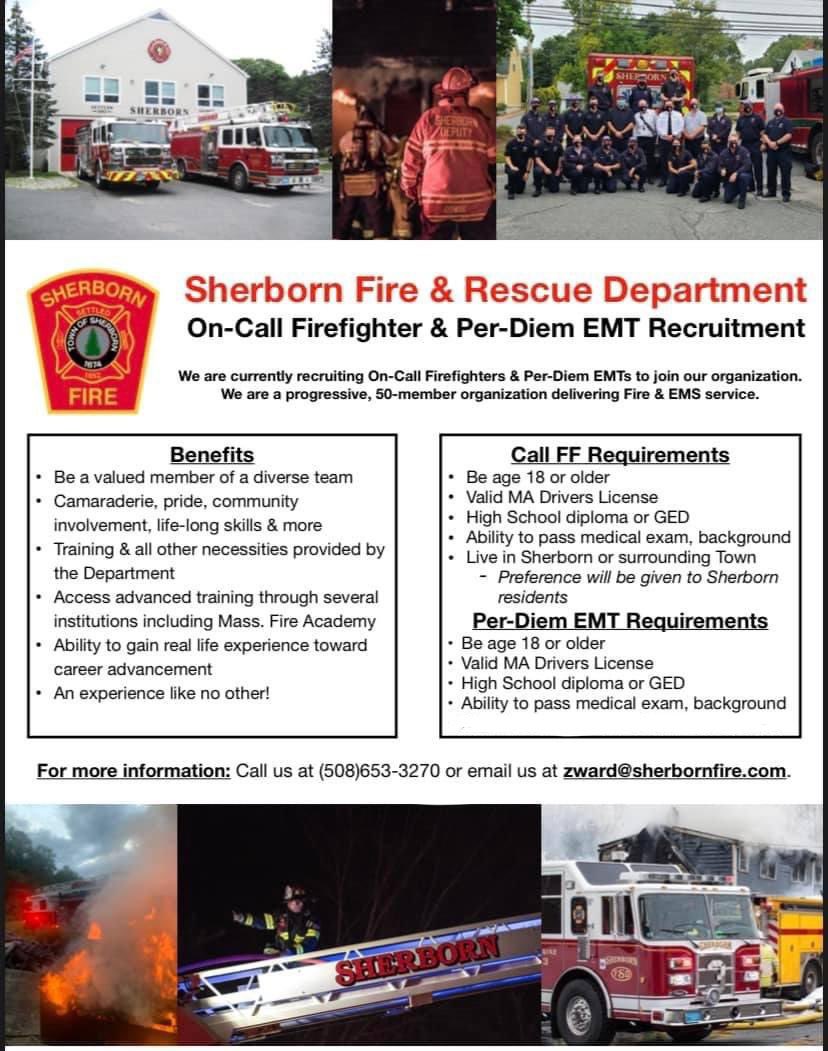 We’re Recruiting! Start 2023 off right by applying to be a Sherborn Firefighter or EMT.