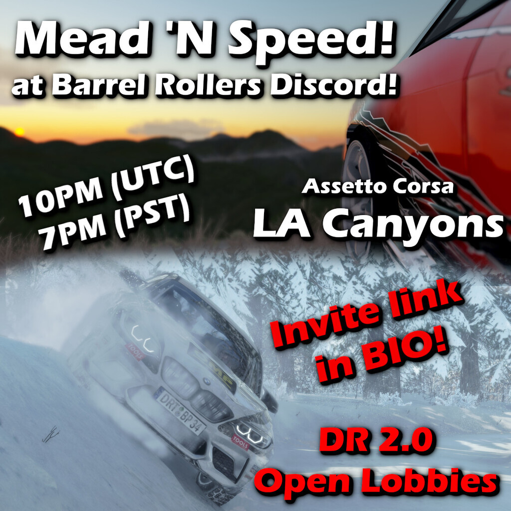BarrelRollersTV's tweet photo. Join us for New Years event for some AC cruising and DR 2.0 lobbies. Celebration starting after 24 hours! Check the event times from Barrel Rollers Discord!
#dirtgame #rally #racing #twitch
#simulation #assettocorsa #gamingcommunity https://t.co/UuUCcisbCh https://t.co/yhTUAVf8I5