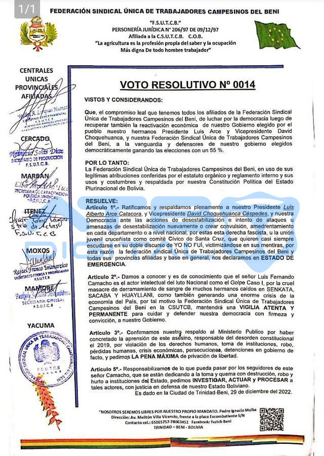 EnConexionbol's tweet photo. #ATBDigital La Federación Sindical Única de Trabajadores Campesinos del Beni (FSUTCB), a través de un voto resolutivo, pidió la pena máxima de cárcel para el gobernador Luis Fernando Camacho, por las masacres de Senkata, Sacaba y Huayllani. https://t.co/DW7Vjf0Rjf