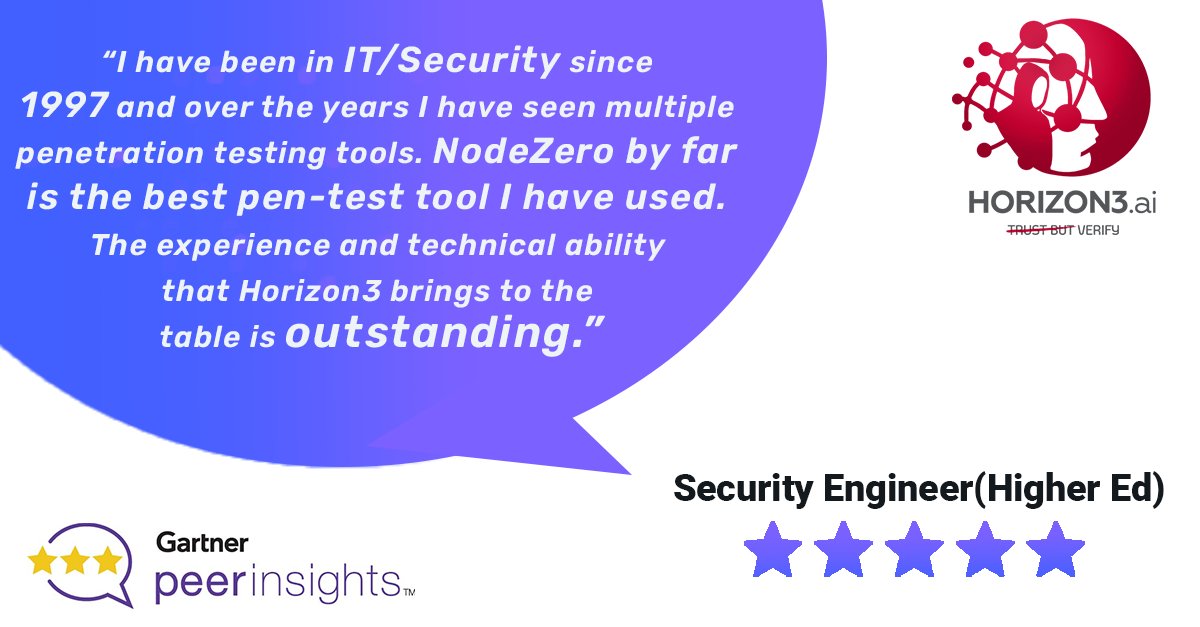 Horizon3ai's tweet image. “The ease of use, customization options for setting up scans, and amount of actionable #data and evidence that is presented for our developers is incredible,” says a Security Engineer in #HigherEd when asked about what they like most about our #product. gartner.com/reviews/market…