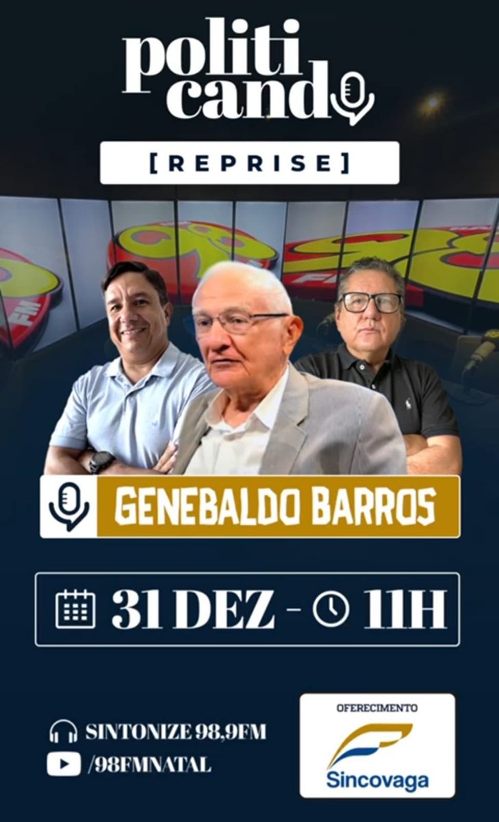 Amanhã às 11:00 Hs na <a href="/98FMNatal/">98 FM Natal</a> reprise do programa politicando com <a href="/tertulianop/">Tertuliano Pinheiro</a> e <a href="/felipecortezadv/">Felipe Cortez</a> imperdível 👇👇