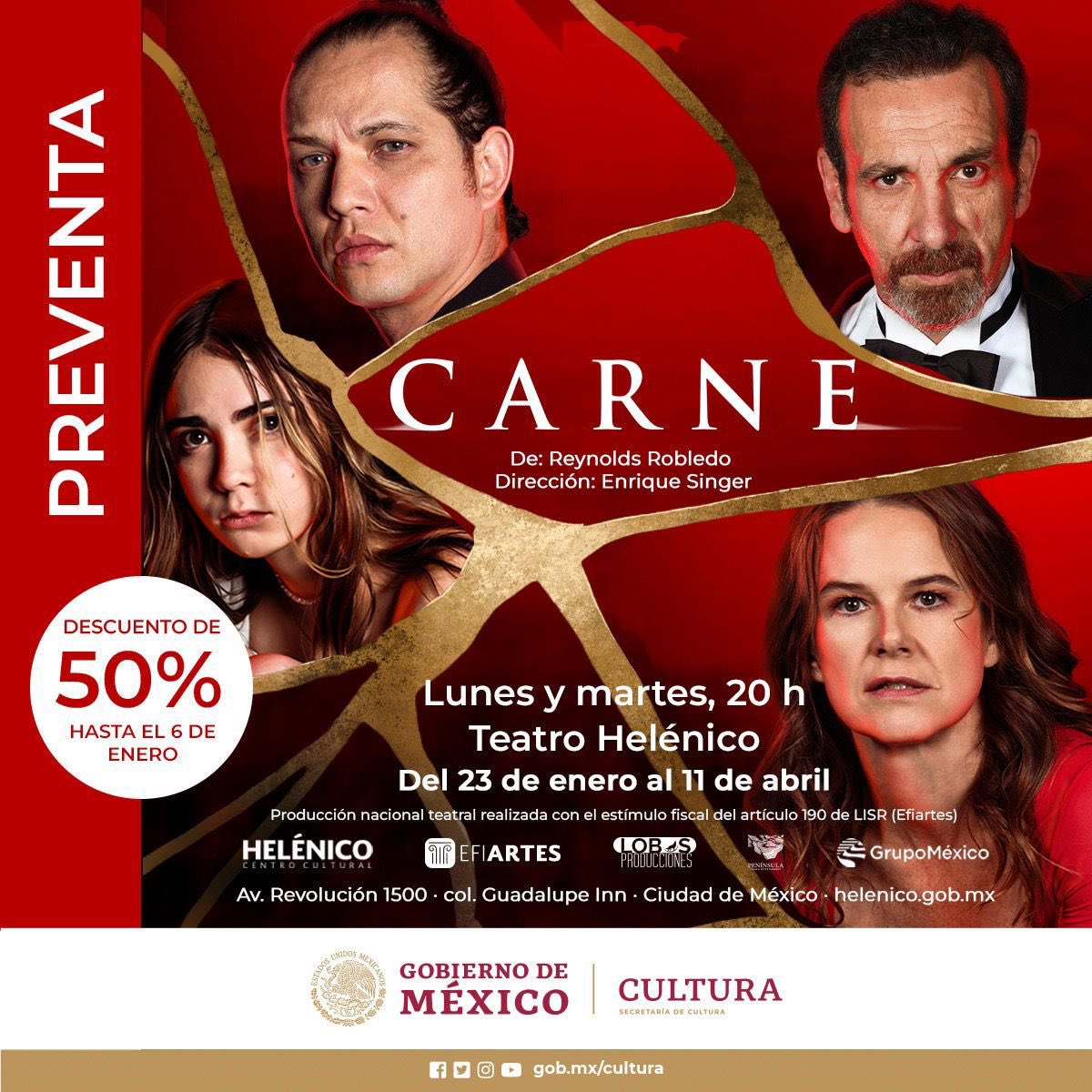 LOBOSProdMx's tweet photo. 🎭 ¡Aprovecha la PREVENTA al 50% OFF para ver #CARNE, de @ReynoldsR86 con la dirección de @Enriquesinger!
La nueva de producción de @LOBOSProdMx en co-producción con #PeninsulaFilms que llega al @Helenico este 23• 01 • 23
PREVENTA: https://t.co/1ZJs9F7URU https://t.co/1nGyq3pDwr