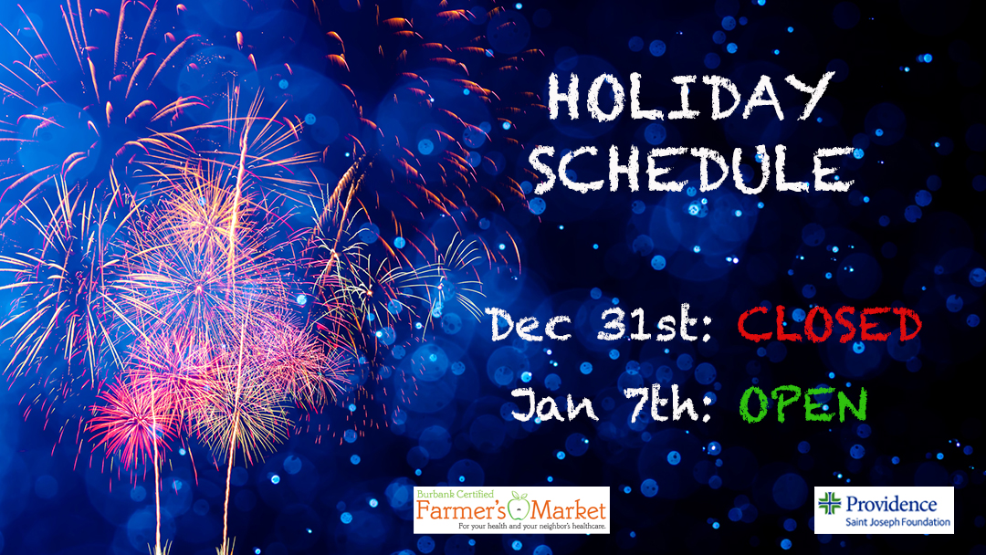 BurbFarmMkt's tweet photo. A reminder that we're CLOSED this SATURDAY--but WE'LL BE BACK on JAN 7th!

HAPPY NEW YEAR everybody! 🥳

#BCFM #BurbankCA #GlendaleCA #NoHo #DTNBUR #farmersmarket #familyfarmers #certifiedorganic #holidayschedule https://t.co/rhu0I0Rop0