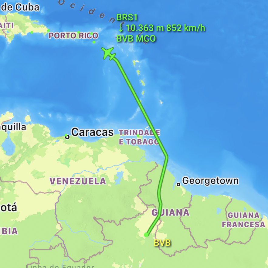 choquei's tweet photo. 🚨VEJA: O avião presidencial que leva Bolsonaro aos Estados Unidos não quis sobrevoar o espaço aéreo da Venezuela. https://t.co/ZTOTOoWWBV