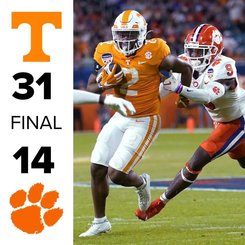 wbir's tweet photo. Vols Win!!! 🍊🍊 | No. 6 Tennessee defeats No. 7 Clemson in the Orange Bowl, 31-14! 
https://t.co/AquwuMbUEn https://t.co/YU9oTmJJKZ