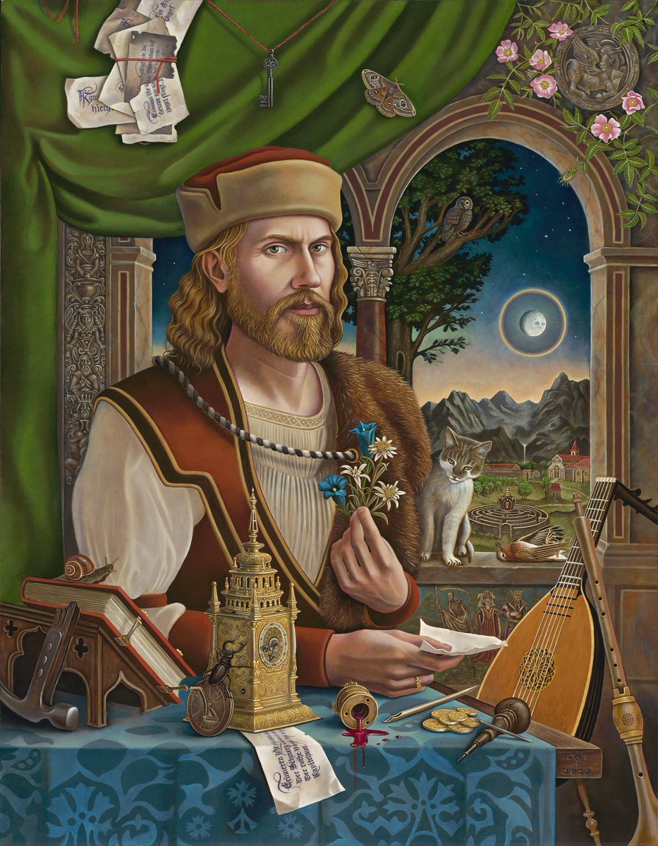 oscar_moralde's tweet photo. Finished PENTIMENT, which will probably sneak in as one of my games of the year... Also the cover of its soundtrack reminded me of my favored genre of painting

Benjamin A. Vierling, Porträt von Andreas Maler. Egg tempera &amp; oil on panel. 28” x 36”. 2022 https://t.co/PWOYVD4YZB