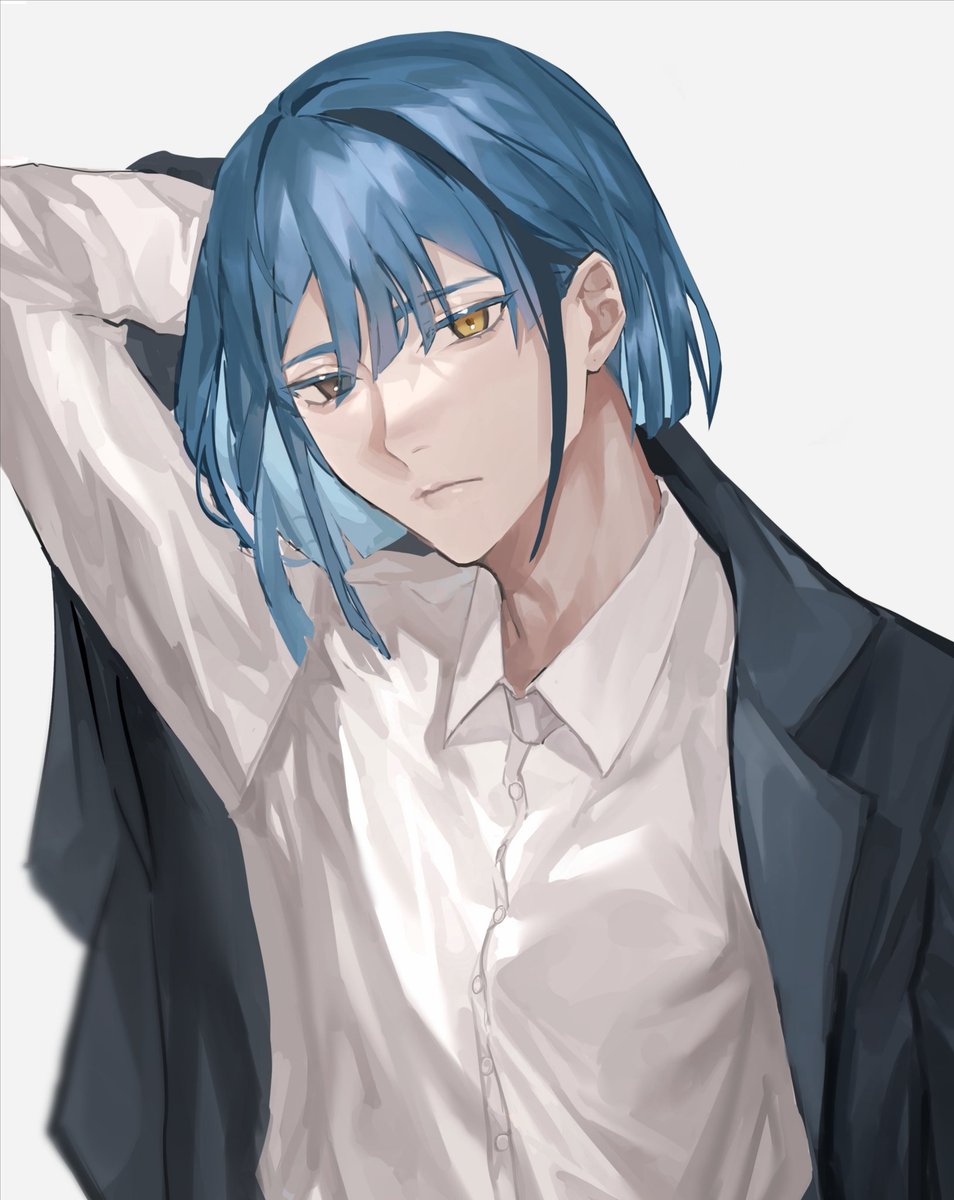 heterochromia shirt solo blue hair white shirt yellow eyes male focus  illustration images