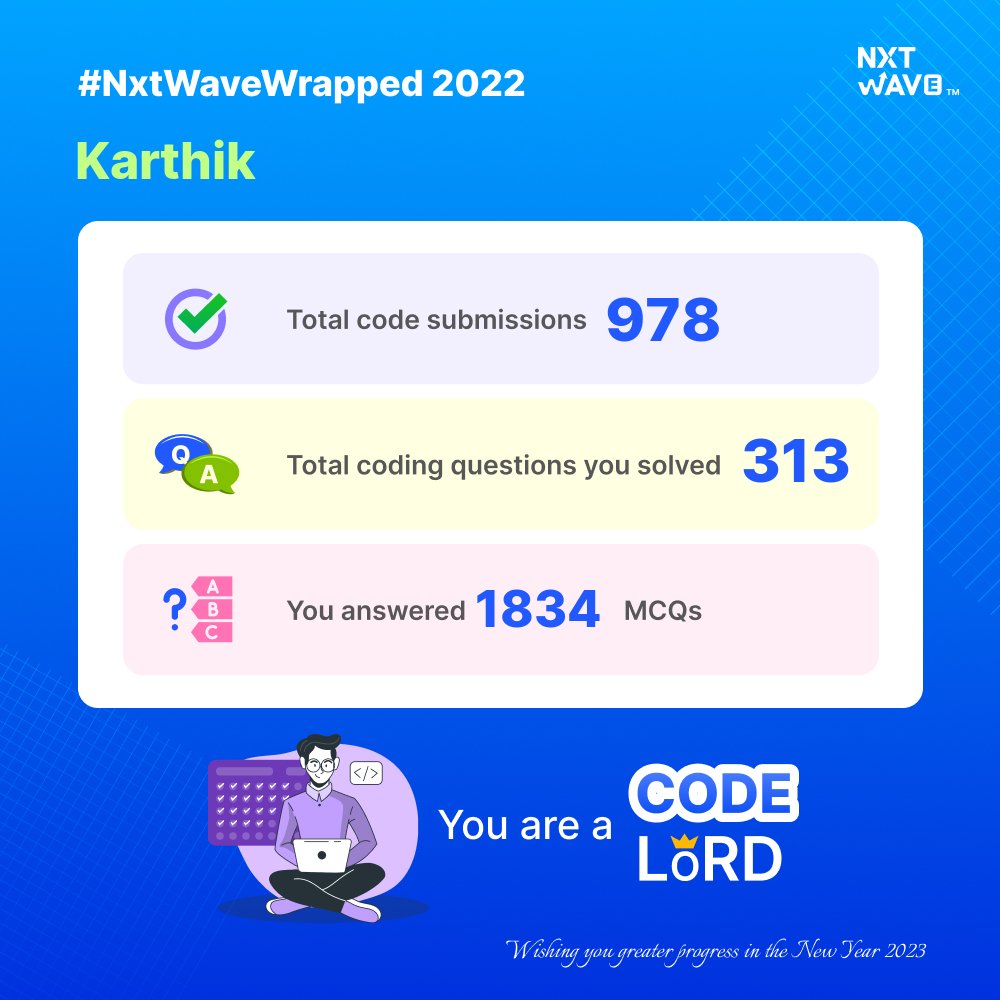 mr_karthik_07's tweet image. It's been over 6 months since I started studying at NXTWAVE! As a result of putting my effort into learning how to write code, solving problems, and daily consistent learning, I've been able to achieve this much progress... Thank you NextWave!
 #learning #nxtwavewrap
