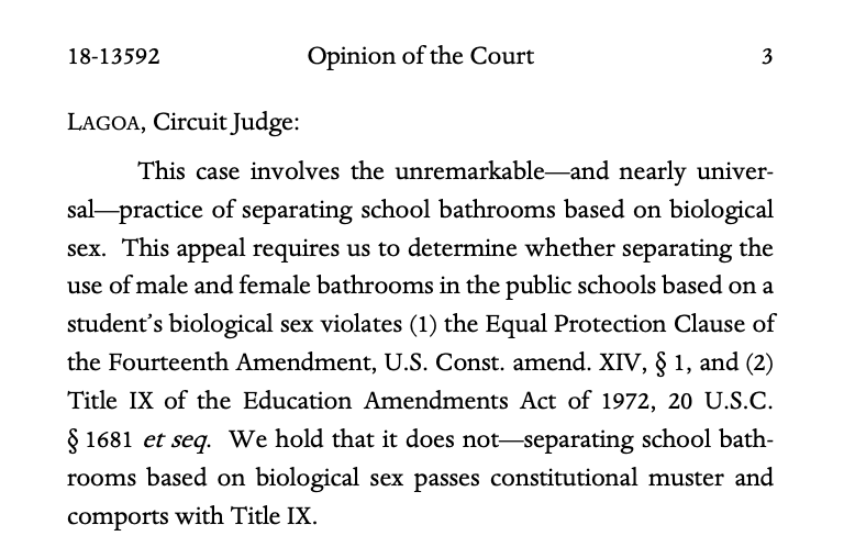 Major #EdLaw Update. 11CA sitting En Banc publishes opinion in Adams v SJC case. Court holds that public schools separating the use of male and female bathrooms based on biological sex does not violate the Equal Protection Clause or #TitleIX. 150 page opinion, more info to come