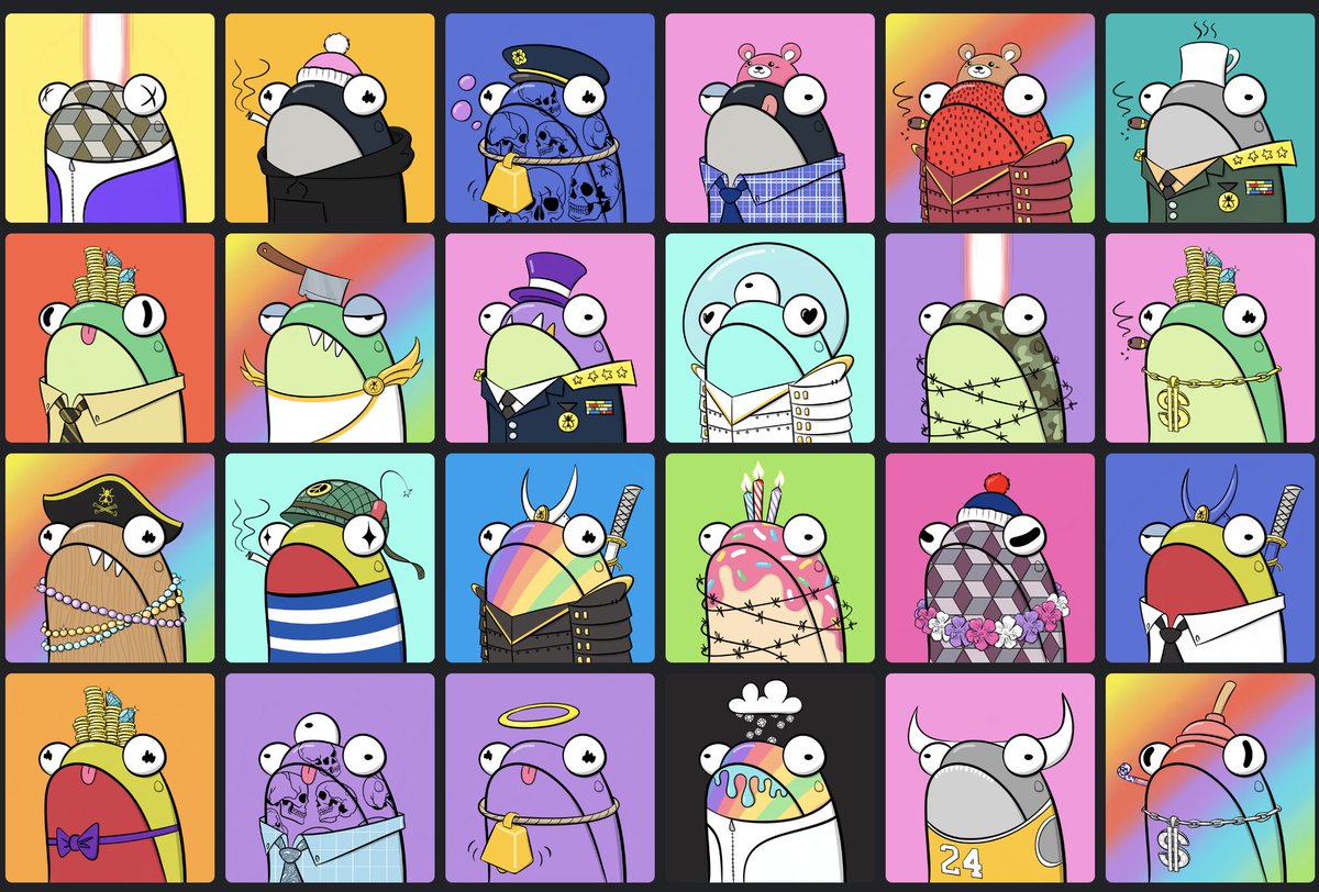 This week's frog adoptions! That plungerhead in the bottom right lol 🌈🪠 opensea.io/collection/fly…