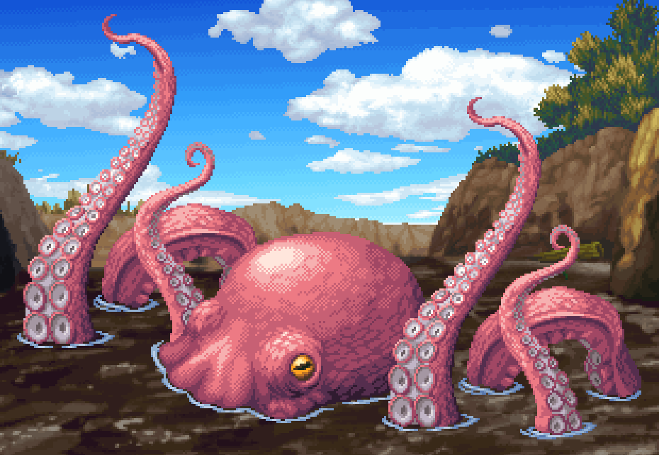 アクリル画　タコ 巨大なタコ。触手は別モンスター扱いで個別に倒せるように #pixelart