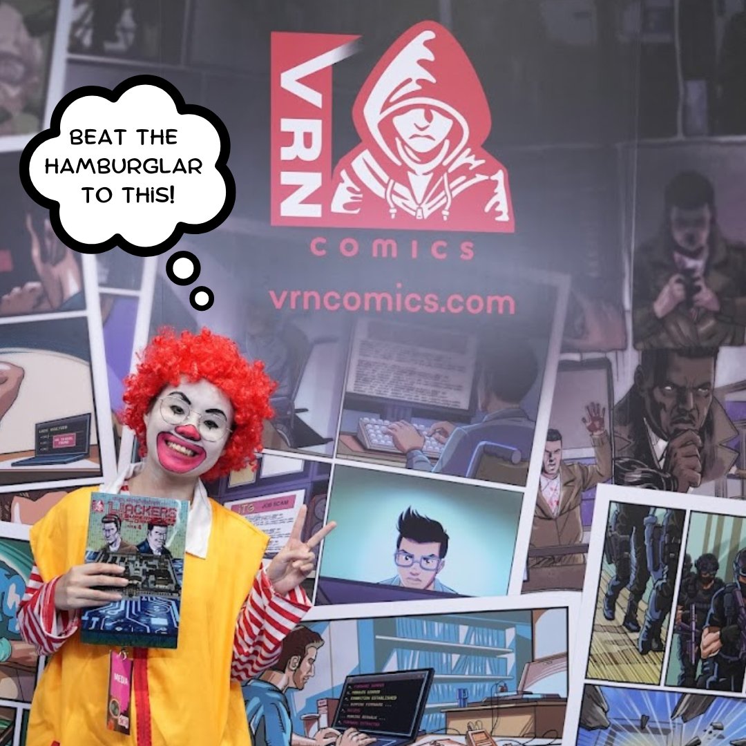 vrncomics's tweet photo. Ronald Mcdonald @scxrletuwu made an appearance at #sgcc2022! Turned the tables on the hamburglar to grab the 1st issue of #Hackerssuperheroesofthedigtialage! To see who else popped by, click the link in our bio!

#ronaldmcdonald #hackerhero #Cybersecurity #Hacking #VRNComics https://t.co/S2aVtASxSr