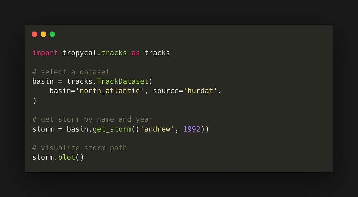 at_dot_Py's tweet photo. 27. Want a beautiful plot of hurricane tracks in a few lines of code?
Tropycal simplifies the process of retrieving and analyzing tropical cyclone data.
And you can output beautiful, yet professional, plots of tropical cyclone tracks—in just a few lines!
#python #tropycal https://t.co/1ufCzxavIf
