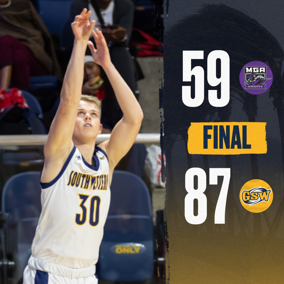 CANES WIN! CANES WIN!

After being up by 20 points at the half, <a href="/GSW_MBASKETBALL/">GSW Men’s Basketball</a> cruised to the win over Middle Georgia State tonight.

Top 🌀: Lars Nilsen (career-high 26 pts, 5-8 3-pt FG), Jerroda Briscoe (2nd dbl-dbl of season, 14 pts, 10 reb), Phillip Burwell (12 pts, 5-7 FG)