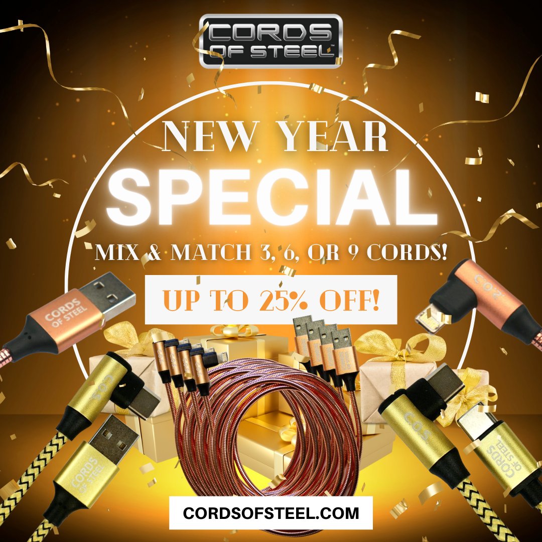 CordsofSteel's tweet photo. Christmas may be over, but our deals aren't! Mix &amp; match ANY of our world-class charging cables at a discount, head over to https://t.co/0CAZzdZHwG to get yours today! 

#newyears #newyear #happynewyear #christmas #holidays #family #music #apple #samsung  #android #phone https://t.co/QQigXZPvRQ