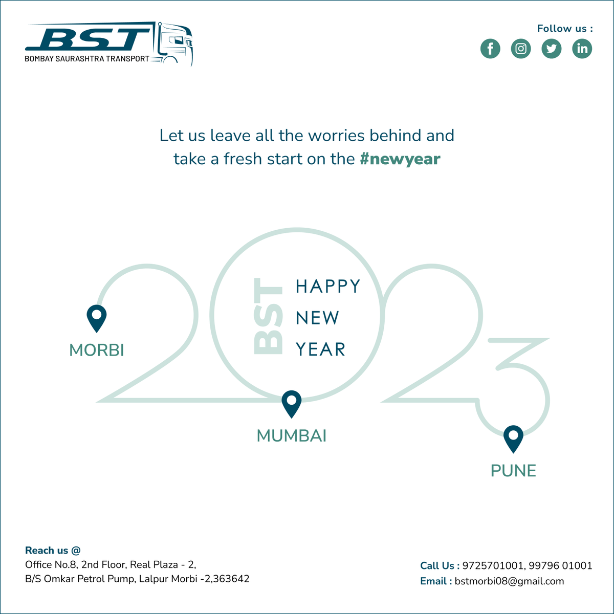 BSTmorbi's tweet photo. Let us leave all the worries behind and take a fresh start on the #newyear

#NewYear2023 #BST #transport #partload #fullload #transportation #logistics #Morbitransport #Mumbaitransport #Punetransport #trucking #shipping https://t.co/vnzvj5msQ0