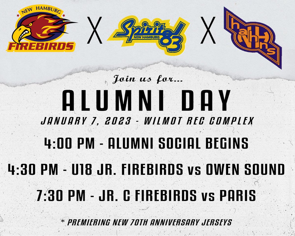 NHFirebirds's tweet photo. (1)

CALLING ALL ALUMNI!!

In celebration of our 70th Anniversary of Junior Hockey in New Hamburg, we are holding an Alumni Day on January 7th. 

Alumni Social will begin at 4pm, and will offer… https://t.co/2vKEYpbJfz