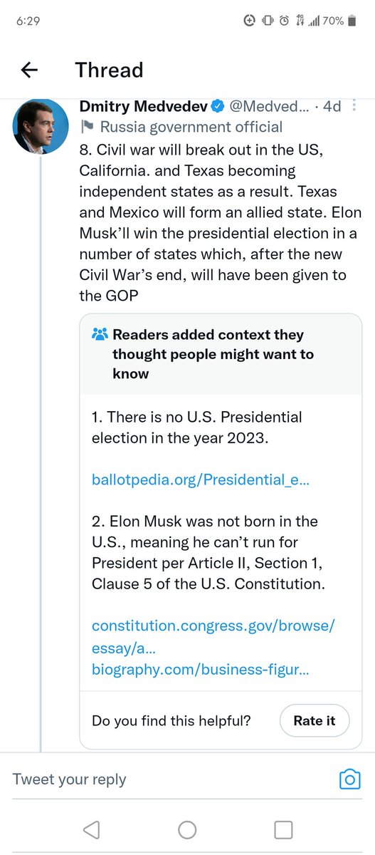 PatrickDuffy612's tweet photo. @elonmusk @MedvedevRussiaE Why does Twitter add info? Who decides? Readers?  Is it not ok for someone to assume someone not born in the U.S.A. can run for president? Can you tell the Readers to put added context in a reply like everyone else.... https://t.co/KfkQBZn4DO