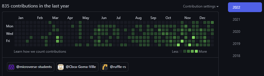 ndabosammy's tweet photo. What a year it has been > 
Notice that I've been chilling at the beginning of the year but I made it to 835 contributions for the whole year 😁 and more to come, cause It's not yet 2023, and I'm still contributing. Happy New Year 2023 ✨

My GitHub -> https://t.co/TrzaFGThBS https://t.co/sBHhpxO6JY