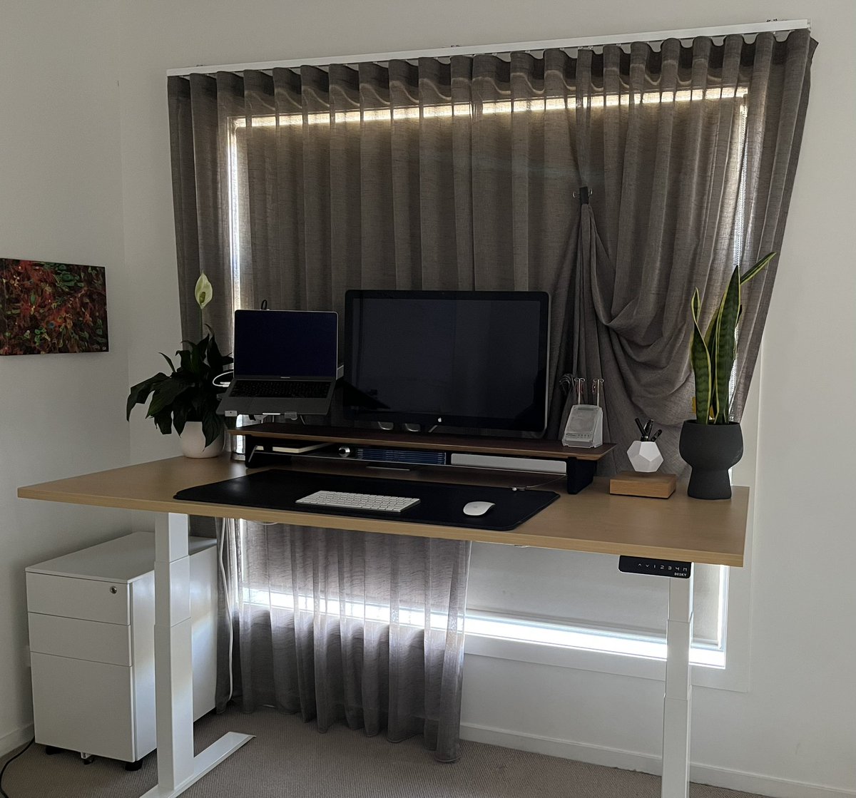 My <a href="/grovemade/">Grovemade</a> desk shelf arrived yesterday and it truly is the finishing touch to my work set up. BTW the curtains are pinned up on one end so that the dogs can watch the world go by.  #WFH #desksetup #minimalism