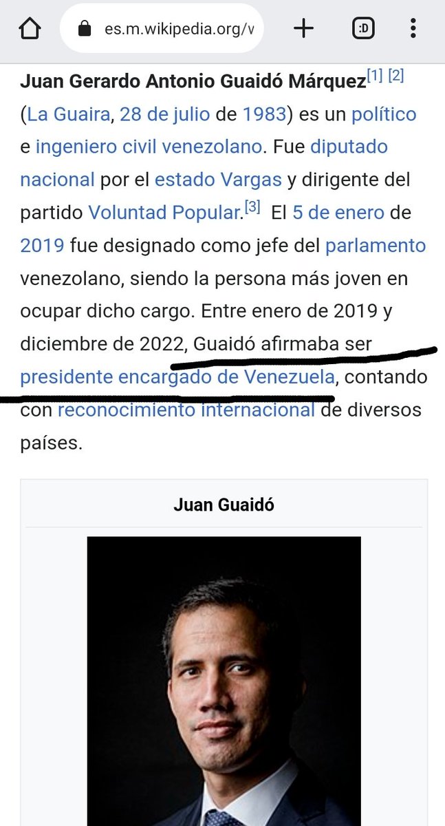 Beacandanga's tweet photo. @EmmaRincon Guaidó salió del grupo.
Hasta Wikipedia le quitó el apoyo a Juan Guaidó.
Lo degradaron de ipsofacto.
Textual se lee:
"Guaidó afirmaba ser presidente encargado de Venezuela", 
"Parcialmente reconocido".
"fue eliminada la figura del gobierno interino, cesando Guaidó su mandato".🤣 https://t.co/qGXn6vRcyL