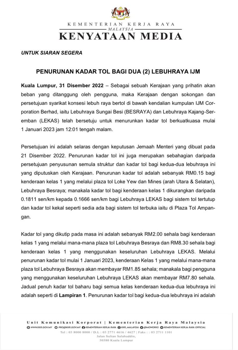 AlexNantaLinggi's tweet photo. Kadar tol di Lebuhraya Sungai Besi (BESRAYA) dan Lebuhraya Kajang-Seremban (LEKAS) diturunkan berkuatkuasa 1 Januari 2023.

#tol
#besraya
#lekas
#KKR https://t.co/177cSNQoYB