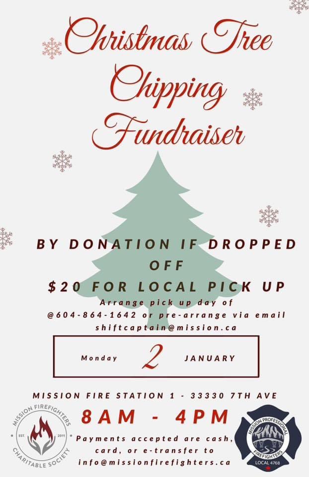 MFRSCharity's tweet photo. We are ready for your tree this Monday, January 2.
8AM - 4PM

Chipping by donation for drop off.

LOCAL Pick Up available, $20 minimum.

Arrange pick up day of
@604-864-1642 or pre-arrange via email
shiftcaptain@mission.ca https://t.co/tPgNlcylMW