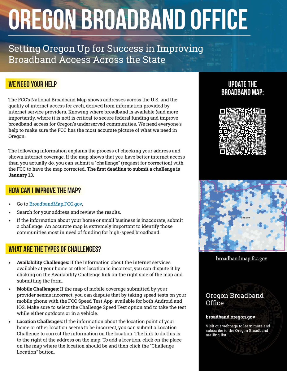 BusinessOregon's tweet photo. We need your help! Please help us verify or correct the broadband information listed for your residence on the FCC’s National Broadband Map. Instructions are in the attached 1-pagers. https://t.co/tiv6zUZKMJ