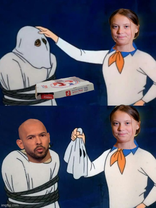 RXC9's tweet photo. Andrew Tate setting himself up in a pathetic clapback at Greta Thunberg has got to be one of the biggest comical villain goofs of all time. Just missing the fake monster outfit and Scooby Doo. https://t.co/1E0oT7bRre