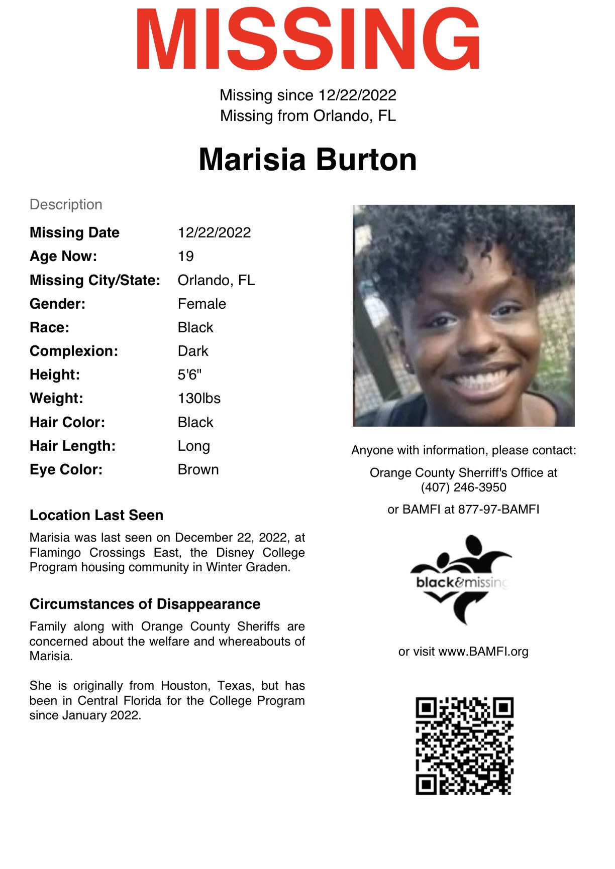 Blk & Missing FDN on Twitter: "#Orlando, FL: 19y/o Marisia Burton was last seen on December 22, 2022, at Flamingo Crossings East, the Disney College Program housing community in Winter Graden. #HelpUsFindUs #
