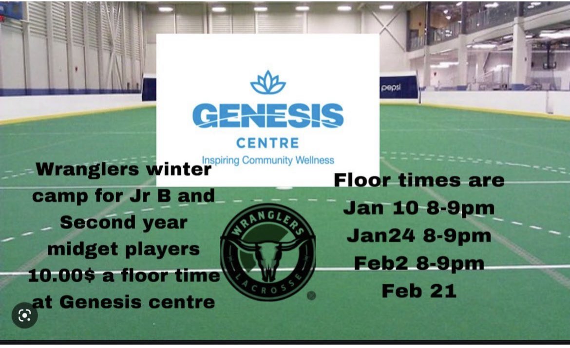 Wranglers winter prep camp. Open to JrB players and second year midgets. $10.00/floor time all floor at Genesis Ctr in NE Calgary. See you there! <a href="/HornetsLax1/">Hornets Lacrosse</a> <a href="/KnightsCalgary/">Calgary Knights Lacrosse</a> <a href="/calgarylax/">CDLA</a> <a href="/RMLaxL/">RMLL</a>