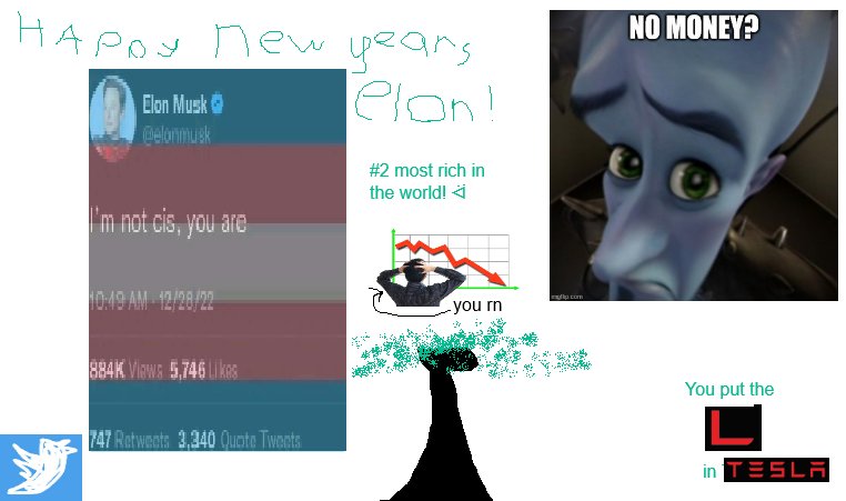 theactualcalder's tweet photo. Congratulations to @elonmusk for their great accomplishments since their acquisition of Twitter!!!!!!
#ElonMusk #L #Elon #trans #wifeless #NewYear2023 #Tesla #Twitter #StockMarket #secondplace https://t.co/yekNwxtZ43