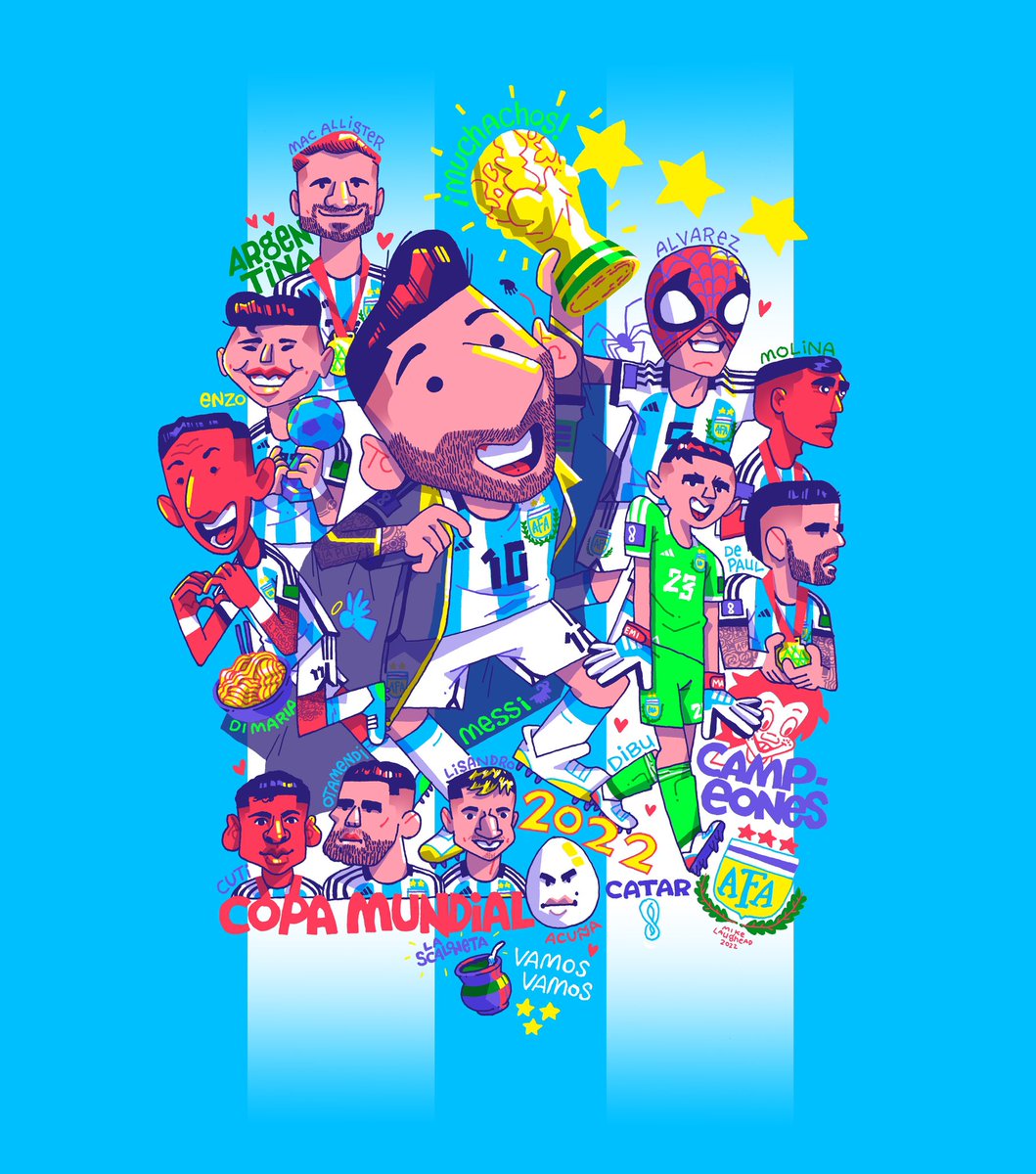 mikelaughead's tweet photo. I’m so happy and excited that these guys are WORLD CHAMPIONS! 
#argentina🇦🇷 #copamundial2022 #worldcupart #argentinaart #messiart #mikelaughead https://t.co/hcP4GkSswC