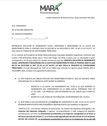 MARAMonotributo's tweet photo. Estimado Sr. Presidente @alferdez, lo molestamos porque #Afip comete nuevamente una ILEGALIDAD violando principio de certidumbre tributaria

Adjuntamos nota detallando la situación 👇

@CarlosPagniLN @Gatosylvestre @cyngarciaradio @willykohan @GuillermoLabord @ignacioortelli https://t.co/hqKpyFjXaC