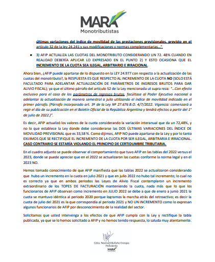 MARAMonotributo's tweet photo. Estimado Sr. Presidente @alferdez, lo molestamos porque #Afip comete nuevamente una ILEGALIDAD violando principio de certidumbre tributaria

Adjuntamos nota detallando la situación 👇

@CarlosPagniLN @Gatosylvestre @cyngarciaradio @willykohan @GuillermoLabord @ignacioortelli https://t.co/hqKpyFjXaC