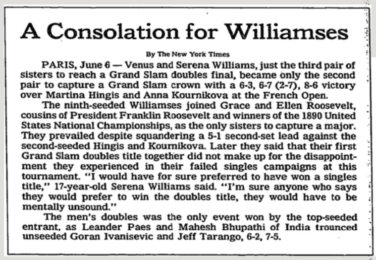 Serena Williams in 1999:

"Anyone who says they would prefer to win the doubles title, they would have to be mentally unsound."