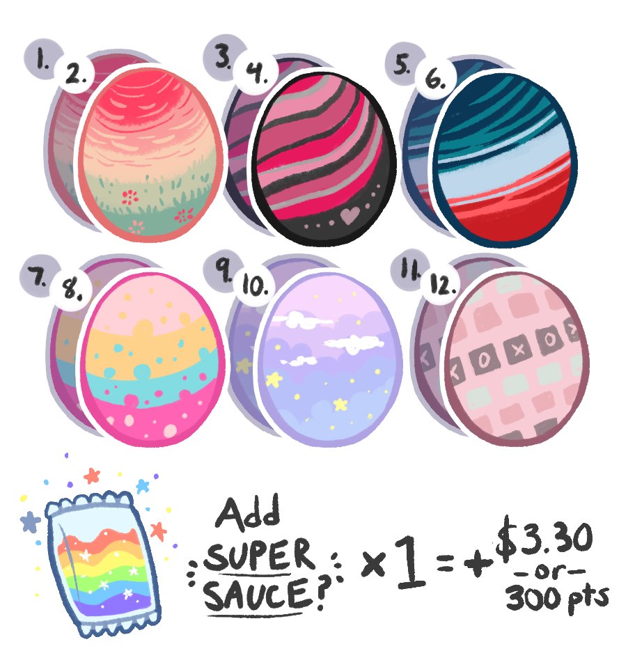 Bachi_Boi's tweet image. Fox Egg adopts!
DA Link for more details but you can still comment to claim on twitter, just be aware that I cant edit posts to show which ones are taken already.
deviantart.com/bachiboi/art/O…

Explanation of Super Sauce and duplicate eggs in ALT
#adoptables #adoptablesopen #eggadopts