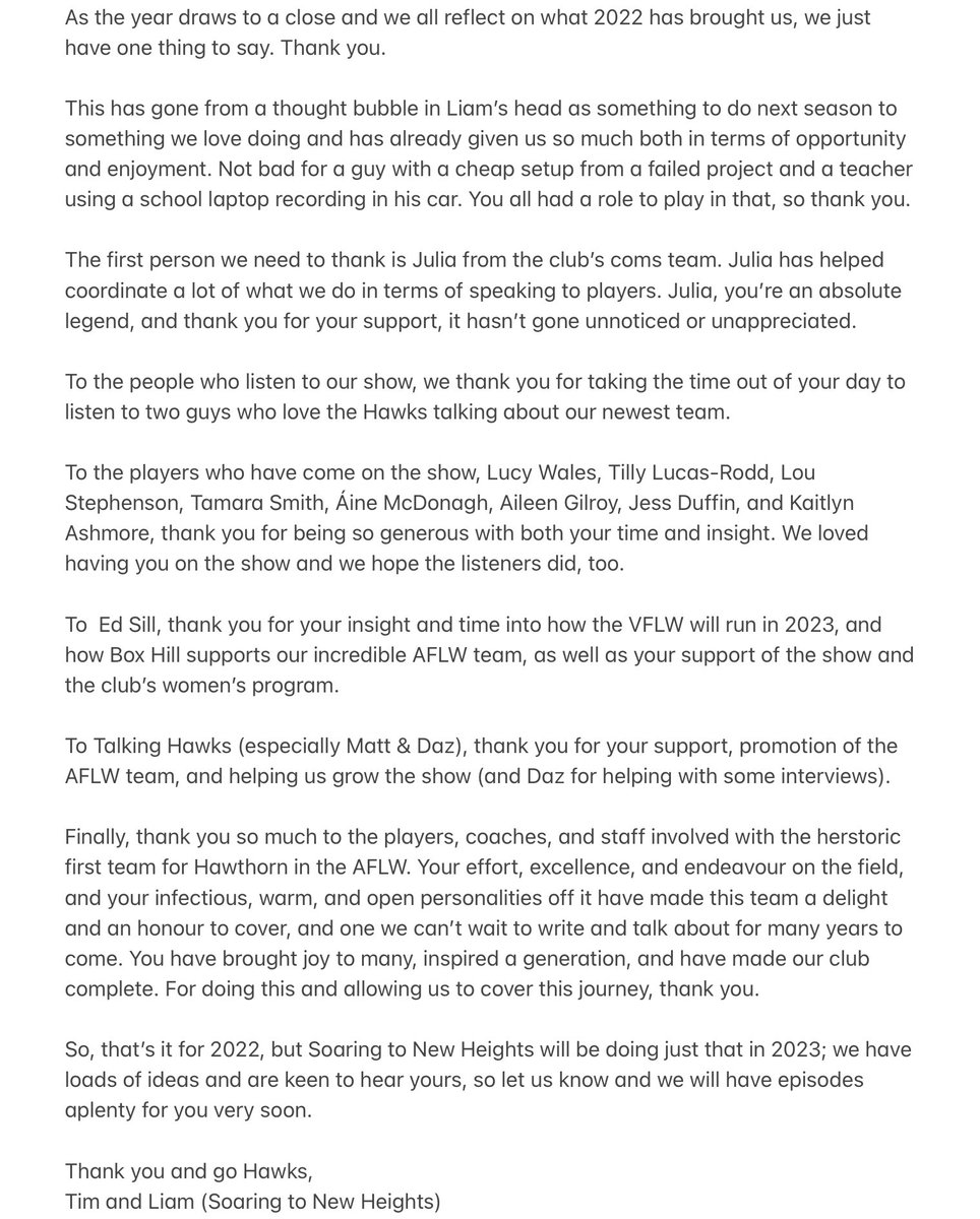 Words can express how grateful we are to every single listener, guest, and person involved with <a href="/hawthornaflw/">Hawthorn FC AFLW</a> and <a href="/talking_hawks/">Talking Hawks</a> for everything this season. A crazy little idea from two guys with no real idea as to what we were doing has become one of the best things we’ve done.