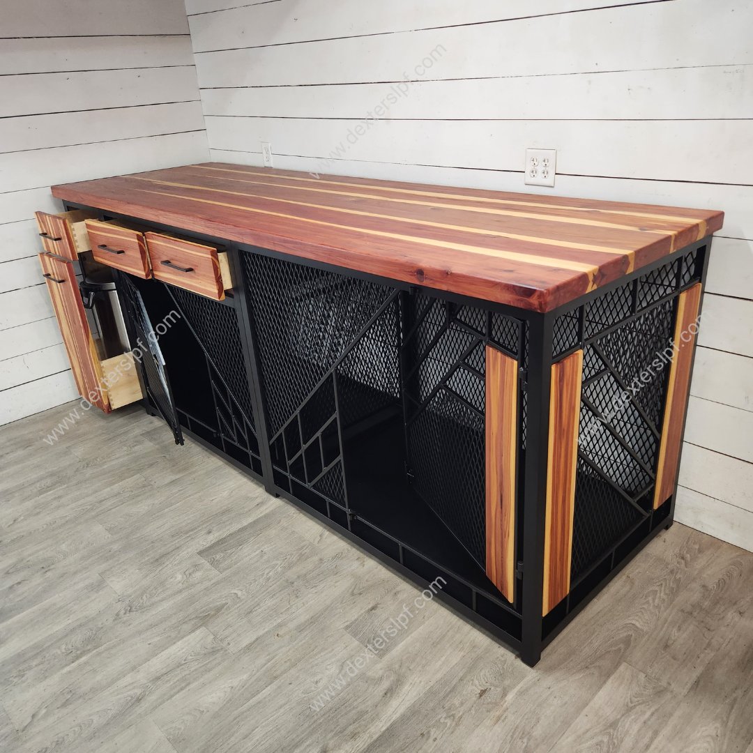 DextersLPF's tweet photo. Finished Product: The Remy XXL+XL+Food Storage in Black Metal &amp; Red Cedar #dexterslpf #remy #XXL #XL #FoodStorage #x2 #woodfurniture #metalfurniture #petbed #dogkennel #kennels #crate #cratefordogs #cratesfordogs #bigdog #littledog #kennelsfordogs #luxurycrate #luxuryfurniture https://t.co/cXEnRS18jQ