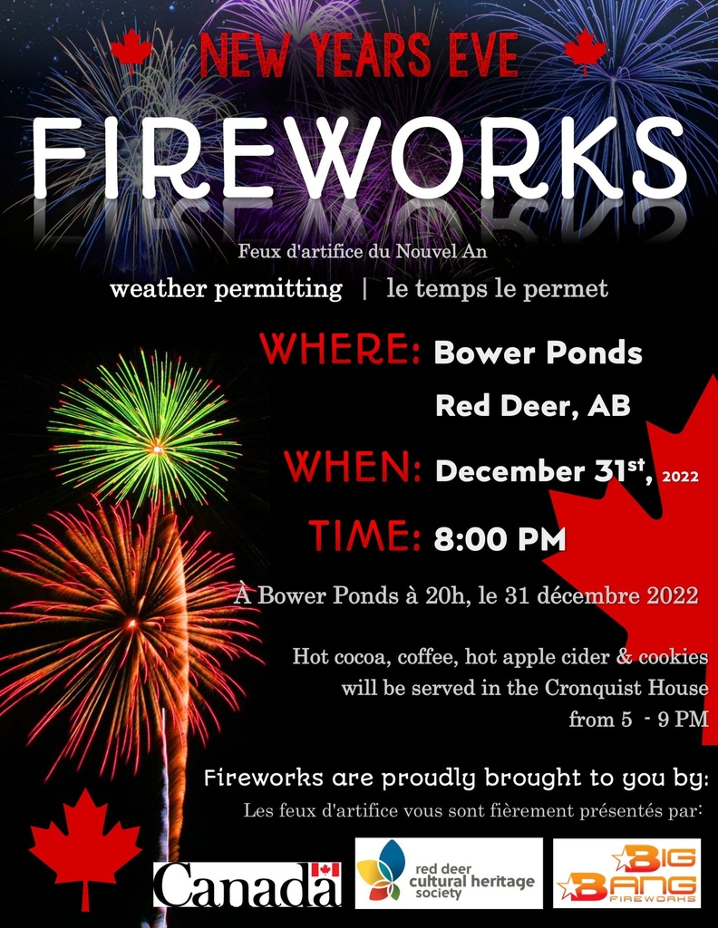 Come enjoy a spectacular view as fireworks light up the night sky over Bower Ponds! 🎇

The Red Deer Cultural Heritage Society will be hosting New Year's Eve Fireworks at 8:00pm at Bower Ponds. You are welcome to watch from in Capstone - come early as public parking is limited.