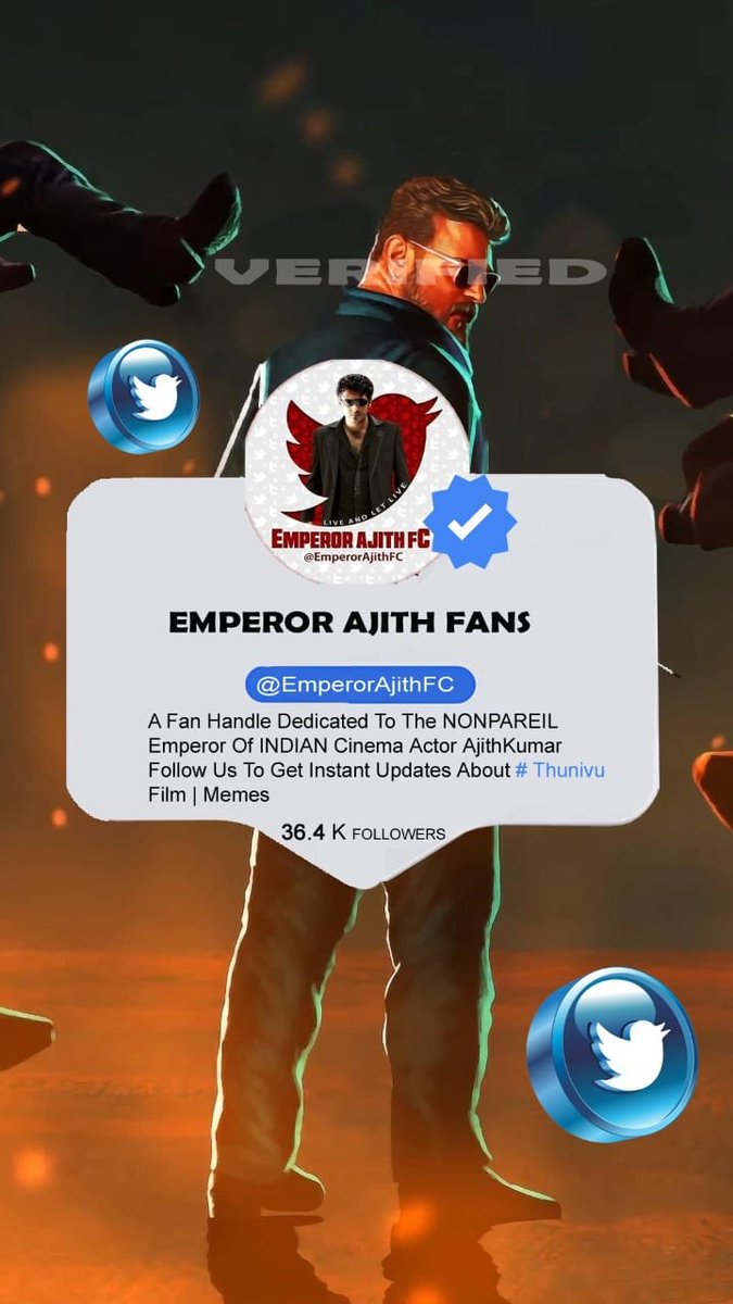 EmperorAjithFC's tweet photo. Happy To Announced That #Twitter Has Verified ✅ Our @EmperorAjithFC Fans Page Proud To Receive A Blue Tick Thank you all 🔥🔥

LIVE AND LET LIVE 😎 

#SpreadAjithism 

#Thunivu #ThunivuDay #AjithKumar https://t.co/Jzvt8ajfPo